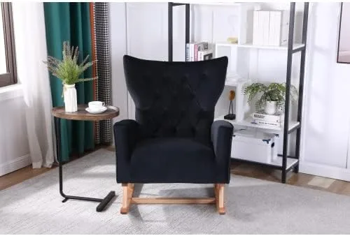 Vista 3 de Mecedora tapizada de terciopelo, asiento acolchado con respaldo alto, silla auxiliar cómoda para sala de estar, dormitorio, oficinas (negro)