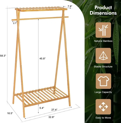 Vista 5 de Jotsport Perchero de bambú para ropa con estante de almacenamiento de 2 niveles, soporte para colgar, organizador de armario portátil