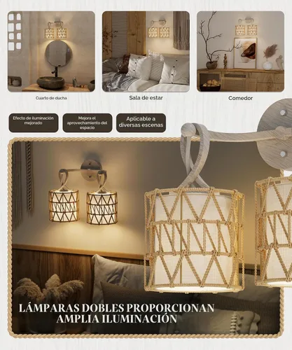 Vista 2 de N12-3 Aplique de pared de ratán bohemio de dos luces, accesorios de tocador para espejo, pantalla tejida en cruz y lámpara de pared cableada