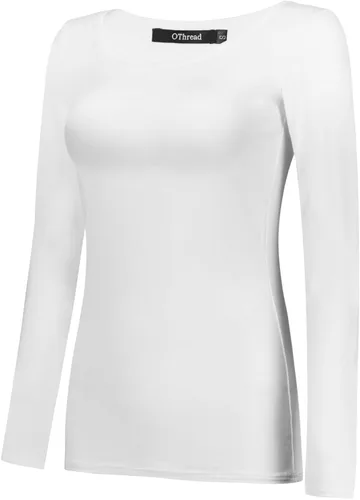 Vista 2 de OThread & Co. Camiseta de manga larga con cuello redondo para mujer, capa básica, de elastano