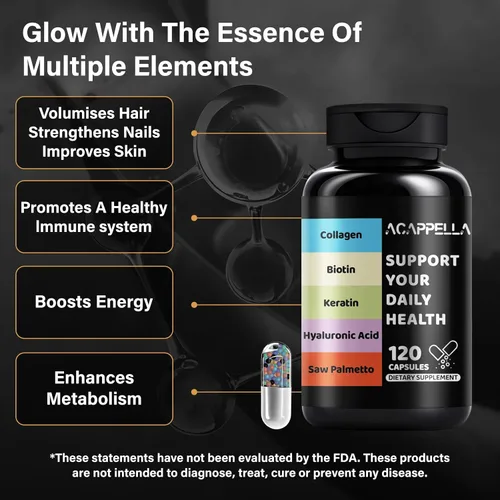 Vista 3 de ACAPPELLA Queratina Saw Palmetto con cápsulas de ácido hialurónico DHT Blocker Vitaminas Ácido Fólico Suplementos de colágeno para mujeres y hombres