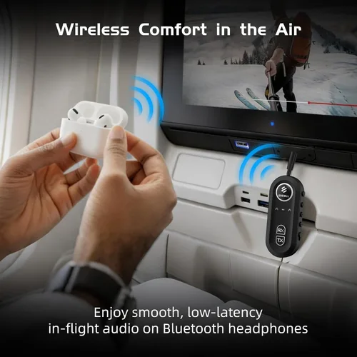 Vista 4 de Receptor transmisor Bluetooth 5.4 actualizado 2026, adaptador Bluetooth de avión, transmisor inalámbrico compatible con 2 AirPods/auriculares