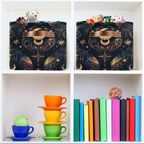 Vista 7 de Cesta de almacenamiento, astrología mística, símbolo oculto alrededor de la luna, lona duradera, plegable, caja de juguetes, contenedor organizador