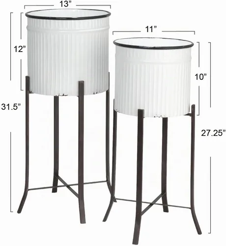 Vista 2 de Creative Co-Op, macetas de metal corrugado redondas en soportes, blanco y negro, juego de 2