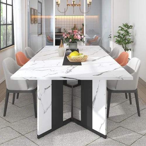 Vista 14 de Hlivelood - Mesa de comedor de 71 pulgadas para 6 personas, mesa de cocina rectangular moderna color marrón con superficie de madera impermeable