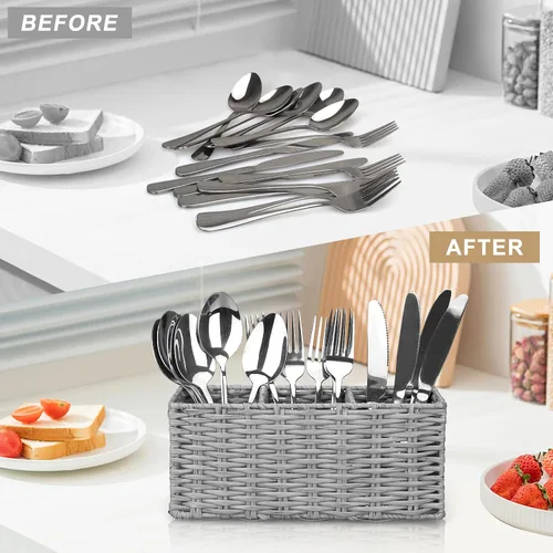 Vista 6 de Ayiaren Organizador de cubiertos de plástico gris para cubiertos, organizador de utensilios pequeños para encimera de cocina, fiesta, cubiertos