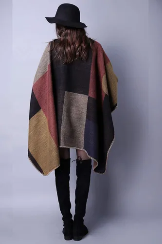Vista 5 de Chal de punto para mujer a cuadros con parte delantera abierta tipo poncho tipo capa envolvente