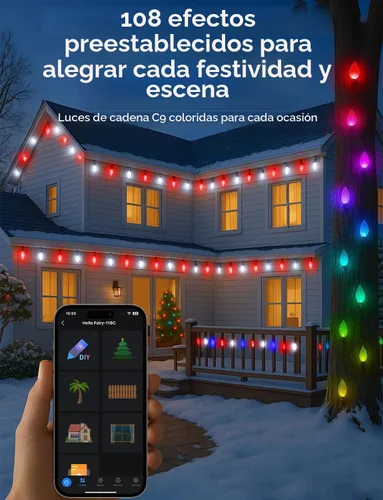 Vista 4 de Popotan C-9 Luces LED de Navidad para Exteriores, 33 Pies 50 LEDs Luces de Cadena RGB Inteligentes con Control Remoto de Aplicación, 108 Modos