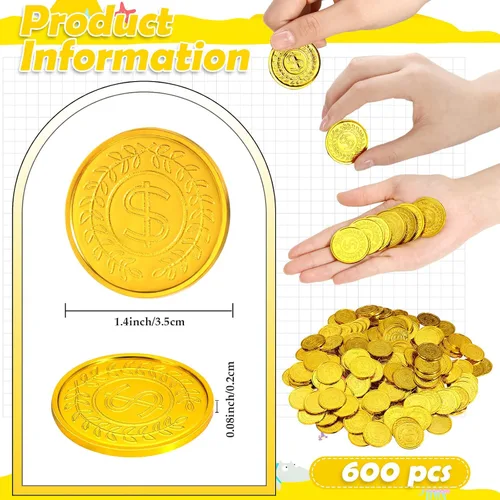 Vista 2 de Hanaive 600 monedas de oro pirata, monedas de juguete de tesoro de plástico, monedas falsas de San Patricio, doblón para regalos de fiesta pirata