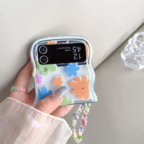 Vista 3 de Funda femenina para Samsung Galaxy Z Flip 4 con estampado de flores rosas y correa de cuentas, diseño de flores y marco rizado Kawaii para Z Flip 4