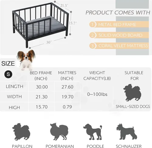 Vista 2 de OSCHF Cama para perros con rieles, marco de cama elevado de metal para mascotas con tablero de madera maciza y tapete suave lavable para perros