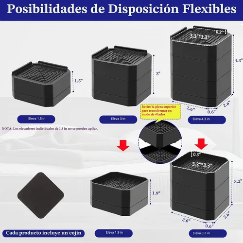 Vista 2 de Elevadores de cama de alta resistencia, bloques elevadores de muebles ajustables de 1.5, 3, 4.3 pulgadas para patas de sofá, mesa, escritorio Negro