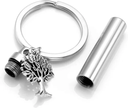 Vista 2 de Jovivi Llavero cilíndrico de acero inoxidable para cenizas con árbol de la vida, colgante para cenizas, joyería conmemorativa