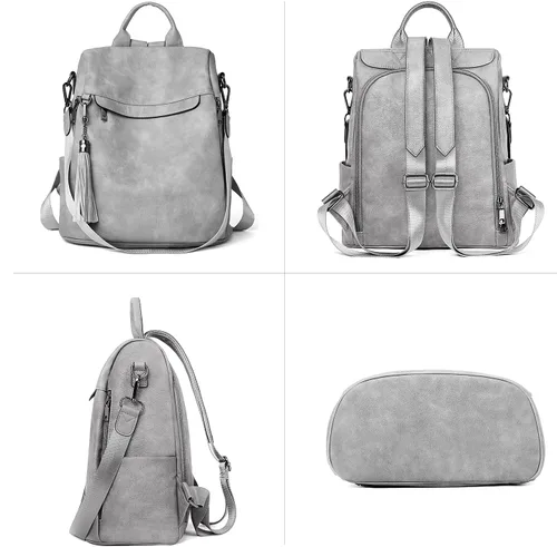 Vista 9 de Bromen - Mochila tipo bolso de mano de piel antirrobo para mujer a la moda, Beige floral, L