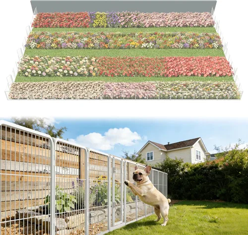 Vista 40 de FXW Valla de jardín al aire libre para el patio, 17 pulgadas de alto x 29.3 pies de largo, barrera de metal resistente para animales, para perros