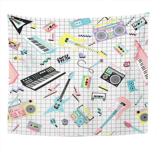 Vista 3 de Suklly Tapiz para colgar en la pared, música retro de los años 80 y 90, instrumentos musicales y reproductores de cassette, decoración del hogar
