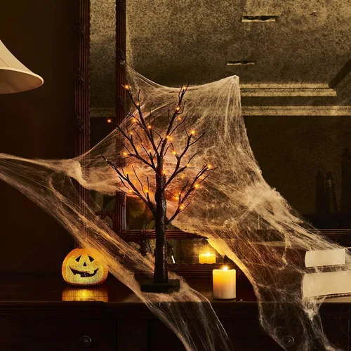 Vista 7 de Hairui Árbol espeluznante de mesa iluminado con purpurina negra con luces naranjas, 24 LED de 18 pulgadas, para decoración de bruja de Halloween