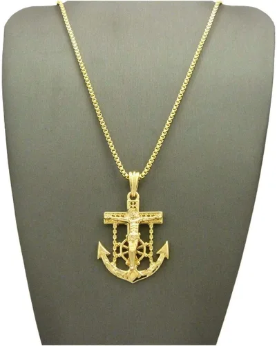 Vista 2 de Shiny Jewelers USA - Colgante de cadena cubana de cuerda para hombre Jesús con ancla de cruz y cadera, 24.0in