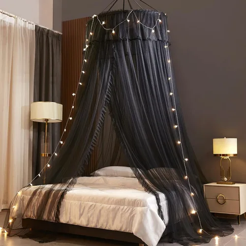Vista 8 de VETHIN - Dosel de cama de princesa para niñas, cortina de dosel de cama de doble capa con malla transparente, mosquitero de princesa con encaje