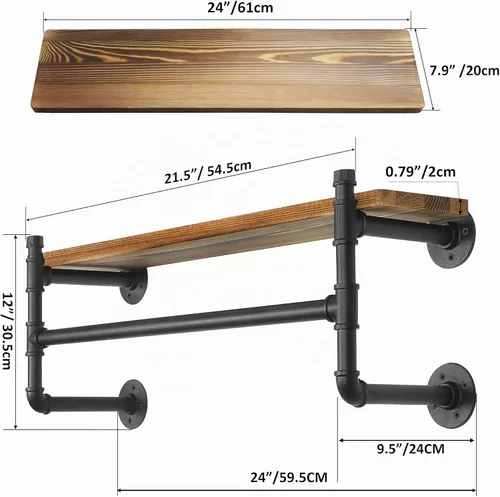 Vista 3 de WEBI Perchero de pared con estante, perchero industrial de 24 pulgadas con estantes, barra de ropa de hierro resistente, barra de ropa de exhibición