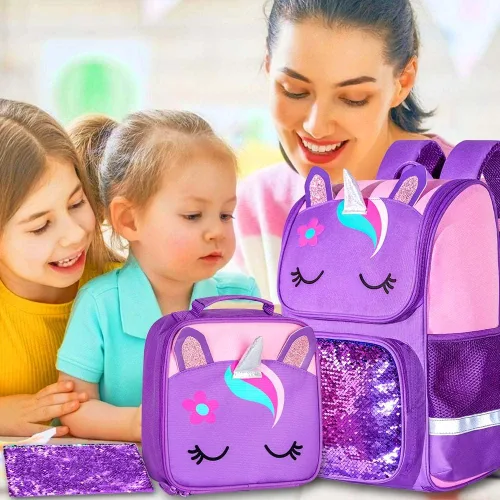 Vista 14 de KLFVB Mochila de 3 piezas para niñas y niños, bolsa de libros de dinosaurio de unicornio de 15 pulgadas con lonchera, bolsa escolar preescolar