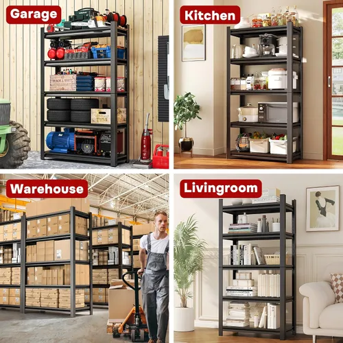 Vista 8 de Estantería resistente, estantes de garaje de 5 niveles de 40 pulgadas de ancho, estante de almacenamiento de metal ajustable para garaje, cocina