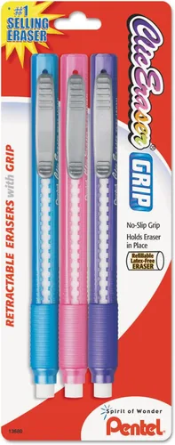 Vista 7 de Gomas de borrar de clic con mango estilo lápiz, surtidos, paquete de 3, Colores Variados Negro / azul