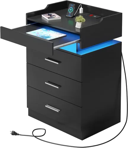 Vista 7 de HAUOMS Mesita de noche grande con estación de carga y luz LED, mesa auxiliar con 3 cajones y estante extraíble, mesita de noche con puertos USB