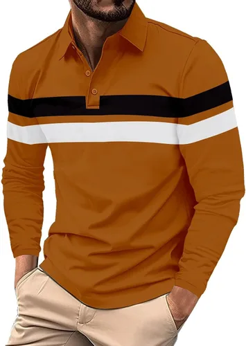 Vista 14 de Camisa polo para hombre, manga larga, cuello abotonado, bloque de color, moda para trabajo y golf