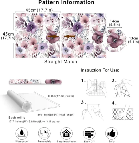 Vista 7 de HAOKHOME Papel tapiz floral para despegar y pegar, papel de pared extraíble, papel de vinilo color malva/púrpura/blanco para pegar en la pared