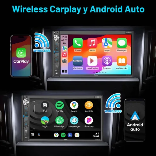 Vista 2 de Estéreo de auto doble DIN con cámara de salpicadero, control de voz Carplay, Android Auto, controles del volante, pantalla táctil HD de 7 pulgadas