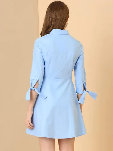 Vista 5 de Allegra K Vestido camisero de algodón con botones y cuello vuelto para mujer