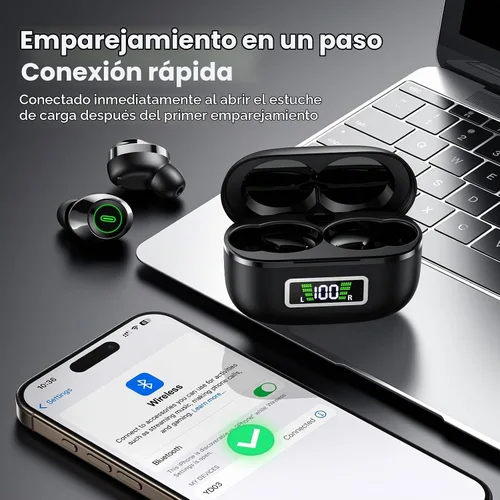 Vista 2 de Auriculares inalámbricos, Bluetooth 5.5, auriculares estéreo de bajos, auriculares con micrófono con cancelación de ruido, pantalla LED en el oído