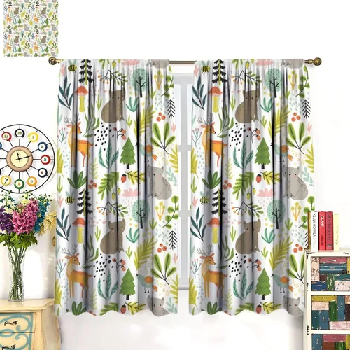 Vista 3 de Cortinas opacas de animales de safari para niños, lindos dibujos animados de animales salvajes, ciervos, hongos, árboles, cortinas para decoración