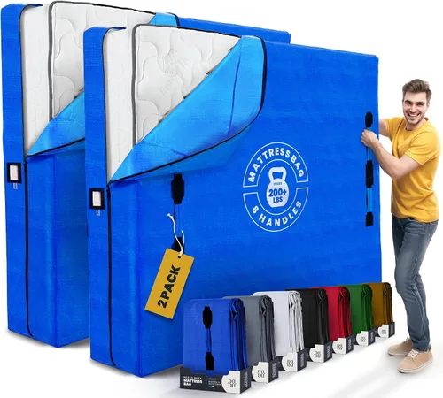 Vista 13 de Bolsas de colchón para mudanza con 8 asas Full XL - PAQUETE DE 2 bolsas de colchón extra gruesas para mudanza - Bolsa de almacenamiento de colchón