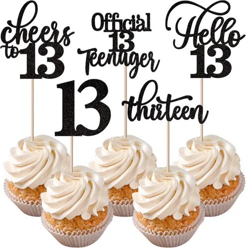 Vista 62 de Rsstarxi Paquete de 30 adornos para cupcakes de 6º cumpleaños con purpurina negra de seis Hello 6 para cupcakes Cheers to 6 años de edad