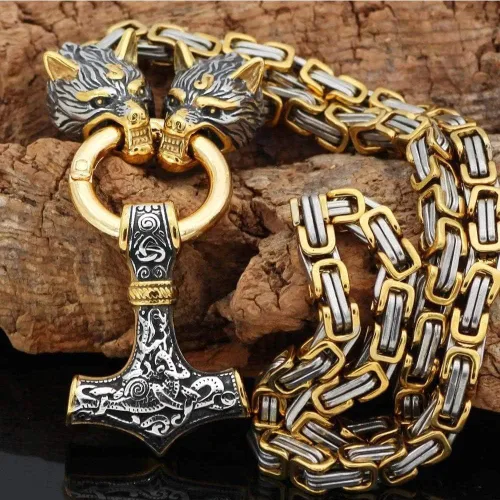 Vista 7 de QZY Viking Collar de acero de titanio sólido para hombre, cadena bizantina cuadrada de oro y plata con cabeza de lobo y colgante de martillo de Thor