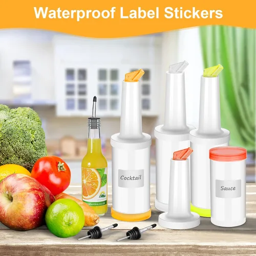 Vista 5 de 4 botellas de jugo y 10 vertedores, suministros de bar, botellas y recipientes de plástico para verter jugos y botellas de plástico para verter