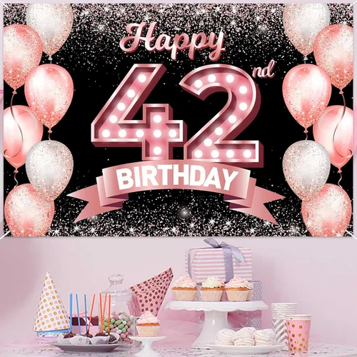 Vista 379 de Cartel de feliz cumpleaños décimo oro rosa, telón de fondo, saludos a 10 años, globos de confeti, decoración temática para niñas de 10 años