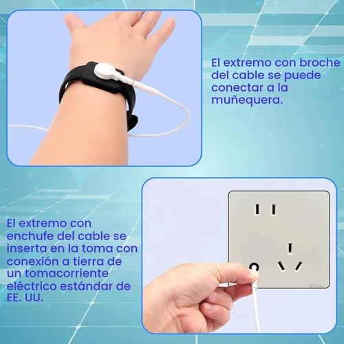 Vista 7 de Correa de muñeca antiestática, banda de conexión a tierra ESD, pulsera de silicona conductora ajustable estilo botón de 9 pulgadas, compatible