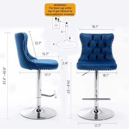 Vista 2 de Taburete de bar giratorio ajustable de altura de mostrador, silla de bar tapizada de terciopelo con base cromada con respaldo acolchonado