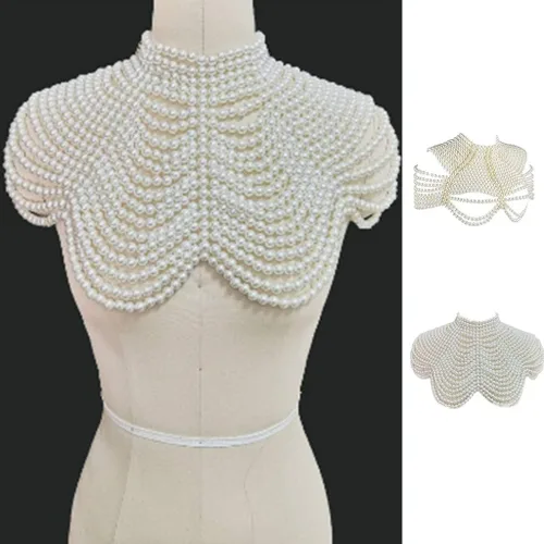 Vista 7 de Collar de gargantilla con cuentas de perlas de imitación para mujer, collar de chal de cadena para el cuerpo, Madera, Perla