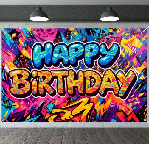 Vista 16 de IVN Pancarta de decoración de cumpleaños, graffiti, tema de galaxia, telón de fondo de 71 x 43 pulgadas con letras de burbujas blancas, estrellas