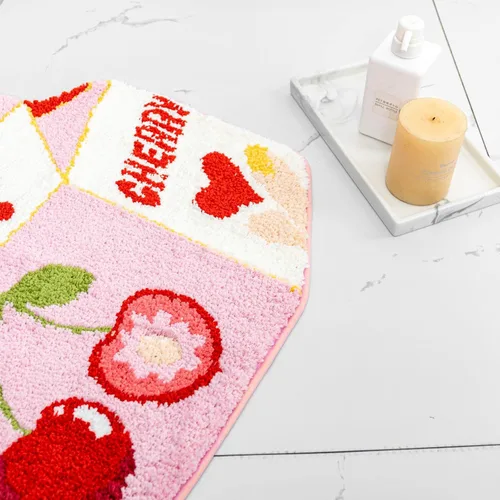 Vista 5 de Tapete de baño de frutas y cereza para baño, bonito tapete de baño rosa antideslizante, tapete de baño de frutas con dibujos animados de leche