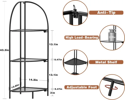Vista 3 de Crofy Estante esquinero plegable de 3 niveles, soporte de esquina de metal para plantas con marco negro y estantes negros, estante de exhibición