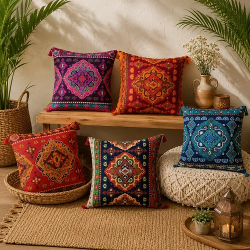 Vista 7 de Juego de 5 fundas de almohada étnicas indias para sofá, decoración de árabe occidental, juego de 5 fundas coloridas de estilo bohemio para sofá