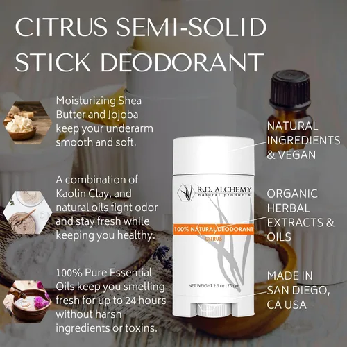 Vista 4 de RD ALCHEMY - CÍTRICOS - El mejor desodorante en barra semisólido 100% natural y orgánico. Libre de aluminio, bicarbonato de sodio, parabenos