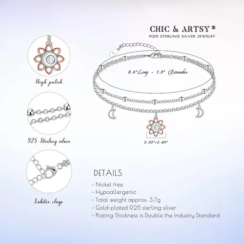 Vista 110 de CHIC & ARTSY Tobilleras delicadas de plata de ley S925 para verano, pulsera de tobillo ajustable multicapa para playa, joyería de pie para mujer
