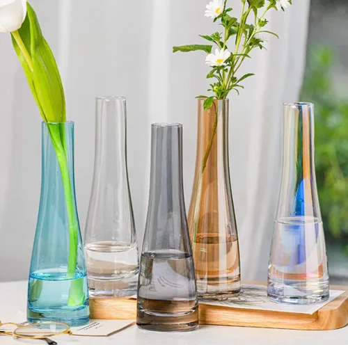 Vista 6 de Jarrones de cristal hechos a mano, florero de flores transparentes, jarrones de tallo único, botellas decorativas, centro de mesa para decoración