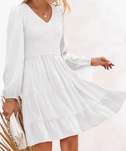Vista 7 de ZESICA Minivestido casual con cuello en V y manga larga fruncida y cintura alta fruncida con volantes en línea A